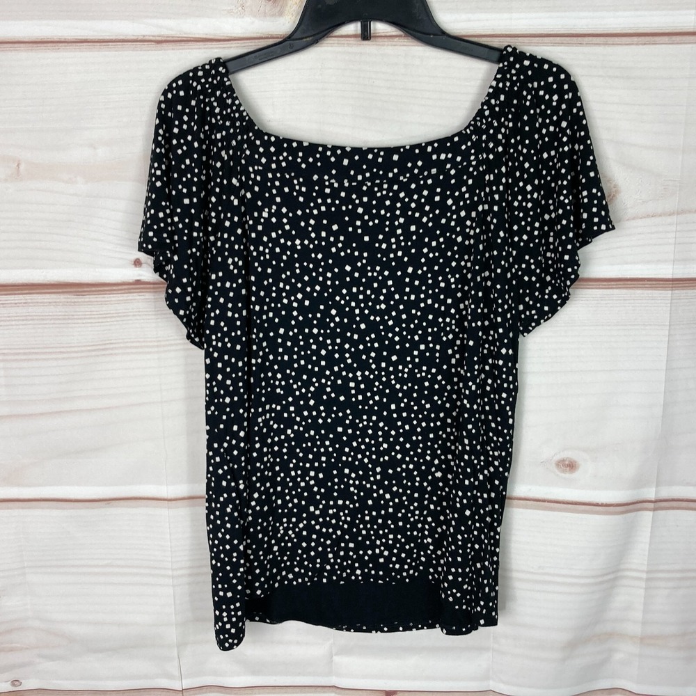 J. Jill Top Womens M Black Blouse Wearever Print Flutter Sleeve Square Neck Knit - Picture 6 of 7